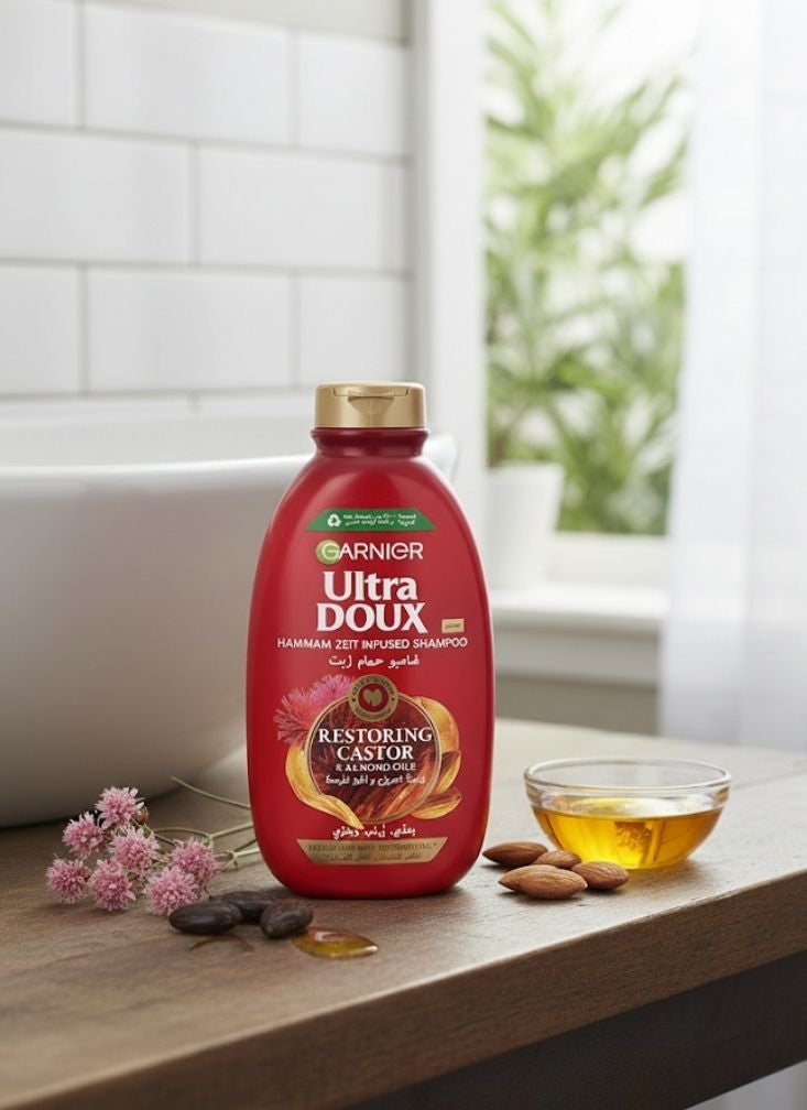 Ultra doux Garnier Ultra Doux Hammam Zeit Infused Shampoo with Castor & Almond Oils – Red Bottle Restoring Hair Shampoo, Red Color, 1 Pc - Image 2